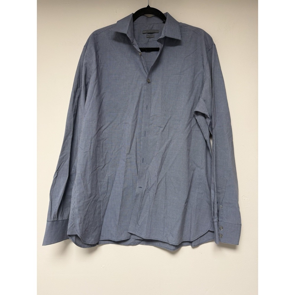 John Varvatos Slim Fit Gingham Dress Shirt Men Blue Long Sleeve Button 15 1/2